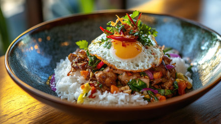 A vibrant dish of spicy Thai stir-fried pork with basil, topped with a fried egg, served over a bed of rice with fresh herbs and vegetables.の素材