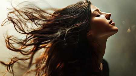 Artistic shot of a long-haired woman in motion, her hair trailing in mid-air, captured in a moment of fluid movement.の素材