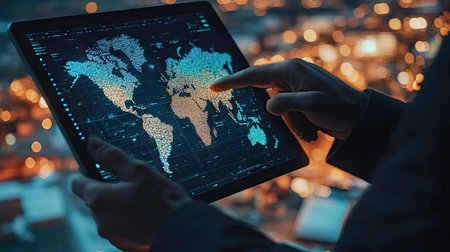 Business executive reviewing logistics data on a tablet with a global map background. The display highlights distribution channels and transportation routes.の素材