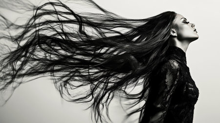 Artistic shot of a long-haired woman in motion, her hair trailing in mid-air, captured in a moment of fluid movement.の素材