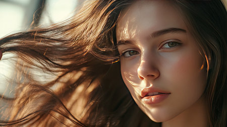 A young woman running her fingers through her silky hair. The glossy strands fall effortlessly, showing off the smoothness and vibrant health of her hair.の素材