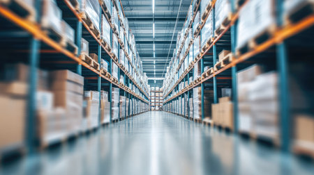 Blurred view of a modern warehouse interior, showcasing rows of shelves filled with goods, highlighting the expansive scale of logistics and industrial storage.の素材