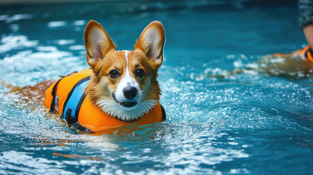 A Corgi in a colorful life jacket swimming in a pool, showcasing hydrotherapy for pet rehabilitation and prevention of health issues.の素材
