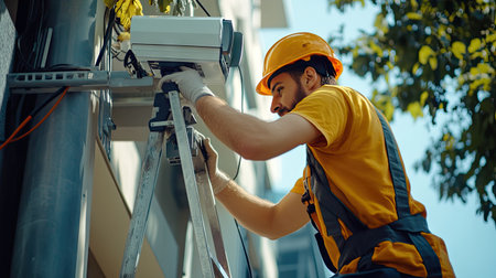 A skilled technician on a stepladder working on a CCTV camera installation, highlighting the meticulous nature of video surveillance system setup and repair.の素材