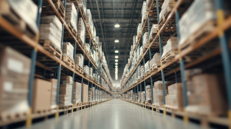 Blurred background of a spacious modern warehouse with shelves stocked with various goods, emphasizing the scale of logistics and industrial storage.の素材