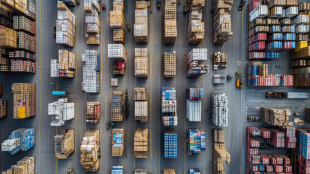 Aerial view of a logistics warehouse filled with stored inventory, displaying rows of pallets and boxes and emphasizing the scale of the operation.の素材