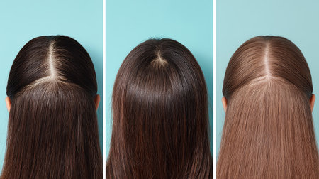 Before and after dandruff treatment collage featuring a s hair on contrasting color backgrounds. Close-up shots highlighting scalp improvement.の素材