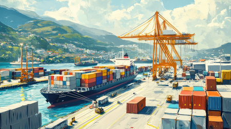 Busy port scene with a container cargo ship being serviced, illustrating the logistics of import and export shipping.の素材