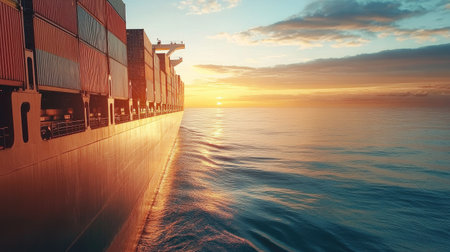 Close-up of a container cargo ship at sea, emphasizing the logistics of global shipping and import/export efficiency.の素材