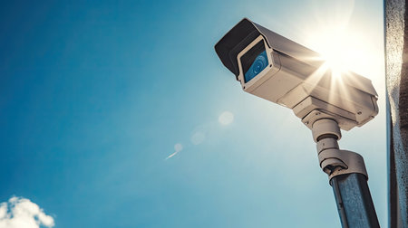CCTV camera mounted outdoors with a clear, sunny sky behind, showcasing its importance in maintaining security and surveillance in public areas.の素材