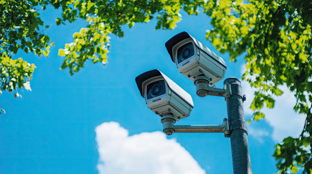 Clear view of two surveillance cameras mounted on a pole, framed by a blue sky, offering effective monitoring and security for a busy urban area.の素材