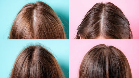 Before and after dandruff treatment collage featuring a s hair on contrasting color backgrounds. Close-up shots highlighting scalp improvement.の素材
