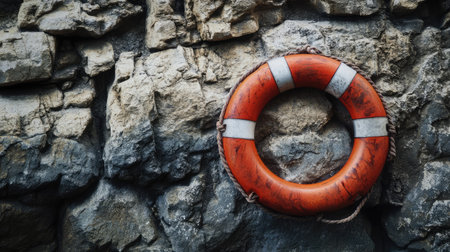 Bright life ring mounted on a rugged stone wall, showcasing essential rescue equipment against a textured backdrop.の素材