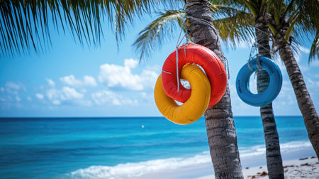 Brightly colored rescue tubes suspended from palm trees on the beach, ready for emergency use and showcasing coastal safety measures.の素材