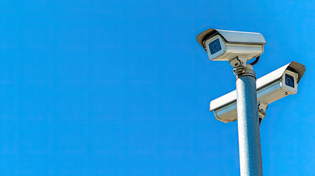Clear view of two surveillance cameras mounted on a pole, framed by a blue sky, offering effective monitoring and security for a busy urban area.の素材