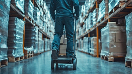 Close-up of a warehouse worker maneuvering a hand pallet truck to transport products from shelves to the shipping area. Emphasizes hands-on logistics tasks.の素材