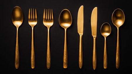 A set of luxurious gold knives and spoons displayed against a pitch-black background. The bold contrast accentuates the exquisite detail and shine of the cutlery.の素材