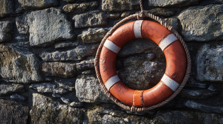 Close-up of a classic life ring attached to an old stone wall, emphasizing its role in maritime safety and rescue operations.の素材