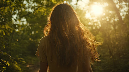 Back view of a long-haired woman in a casual outfit walking in a sunlit forest, her hair swaying with each step.の素材