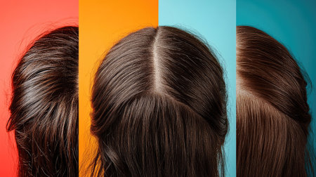 Close-up collage of a hair before and after dandruff treatment, set against vibrant color backgrounds. Detailed view of scalp changes.の素材