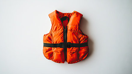 Bright orange life jacket under a white background, demonstrating its importance for child and adult water safety. Ideal for safety equipment photos.の素材