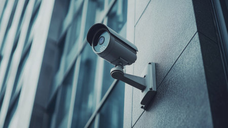 Close-up of a CCTV security camera mounted on a building exterior. Emphasizes its role in surveillance and security for urban environments.の素材