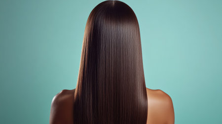 Back view of a woman with shiny, straight brown hair flowing seamlessly down her back, capturing the smoothness and healthy glow.の素材