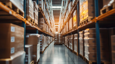 Close-up of a logistics warehouse with stacks of inventory on pallets, highlighting the orderly arrangement and efficient storage of goods.の素材