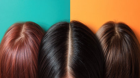 Close-up collage of a hair before and after dandruff treatment, set against vibrant color backgrounds. Detailed view of scalp changes.の素材