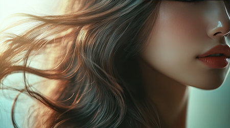 Close-up of a young woman with flowing, silky hair shining under soft light. The smooth texture and healthy sheen of her hair emphasize elegance and beauty.の素材