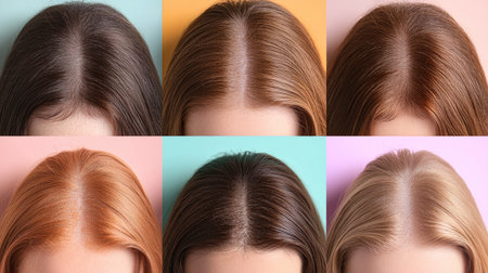 Collage of a woman scalp before and after dandruff treatment, with each shot on a different color background. Emphasizes the improvement in hair cleanliness.の素材