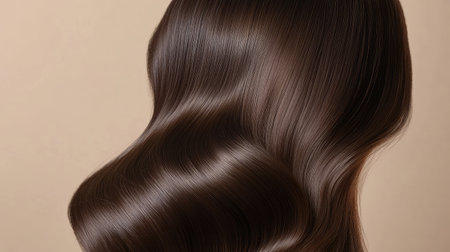 Close-up of an Asian woman with long, flowing hair on a beige background, highlighting the smooth texture and natural shine of her hair.の素材