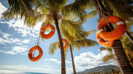 Coconut palms with life-saving rescue tubes hanging in the breeze, showcasing beach safety measures and the importance of being prepared for emergencies.の素材