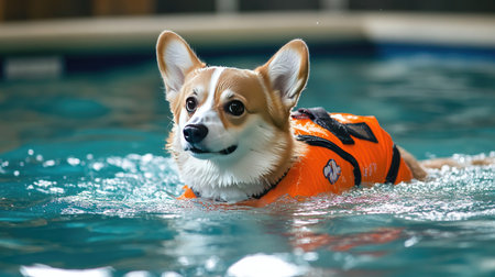 Corgi in a bright life jacket swimming laps in a pool, part of a hydrotherapy session for pet health care and recovery training.の素材