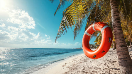 Emergency rescue equipment in the form of tubes, hanging from palm trees on a sunny beach, emphasizing the integration of safety tools in vacation spots. -の素材