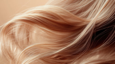 Close-up of lively hair strands softly curling and moving against a smooth beige backdrop, exuding natural beauty.の素材