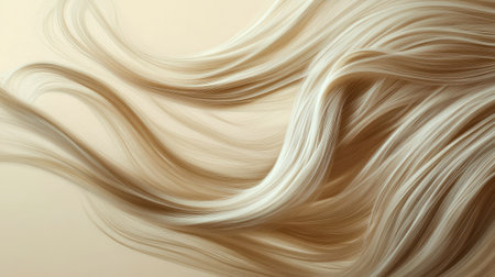 Dynamic strands of lively, flowing hair against a soft beige background, capturing movement and texture in a subtle, elegant style.の素材