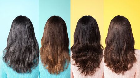 Colorful background collage of a woman hair transformation from dandruff-prone to healthy and clean, before and after treatment.の素材