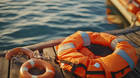 Close-up of an orange life jacket and lifebuoy on a wooden surface, highlighting their importance in emergency situations and water safety.の素材