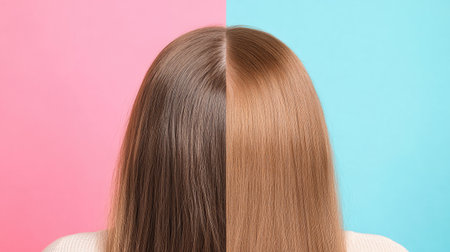 Collage with colorful backgrounds showing a woman scalp before and after dandruff treatment. Focus on significant flake reduction and improved hair condition.の素材