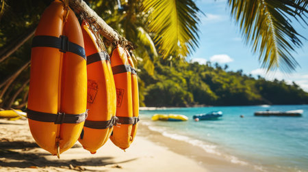 Emergency rescue tubes hanging from coconut palms on a sunny beach, highlighting essential life-saving equipment in a tropical setting.の素材