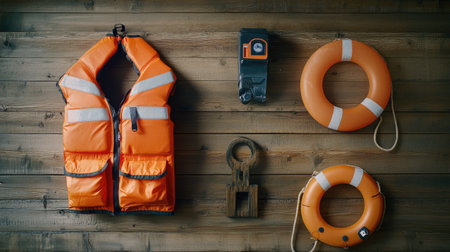 Essential rescue equipment including an orange life jacket and lifebuoy placed on a wooden backdrop, showcasing their design and safety features.の素材
