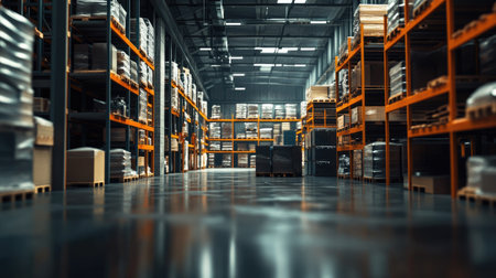 Industrial-scale warehouse with goods scattered across shelves in the background, captured with a blur effect to focus on the vastness of the storage spaceの素材