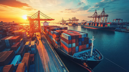 Freight ship at dock with containers being unloaded for import and export. Focus on logistics management and global trade.の素材