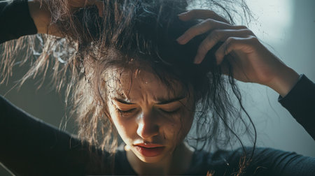 Frustrated woman tugging at her lifeless, damaged hair, highlighting hair breakage and rough strands in a close-up shot.の素材