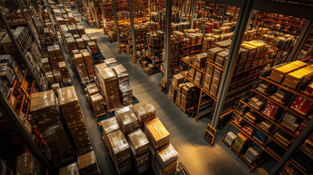 High-angle shot of a logistics warehouse filled with stored inventory, including neatly stacked boxes and organized shelving units.の素材