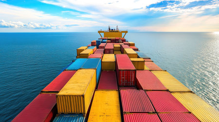Freight ship loaded with colorful containers, sailing across the ocean for import and export logistics. Emphasis on global shipping operations.の素材