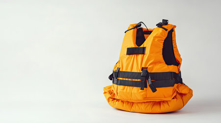 Life jacket displayed against a plain white background, focusing on its bright color and safety features. Essential for water activities.の素材