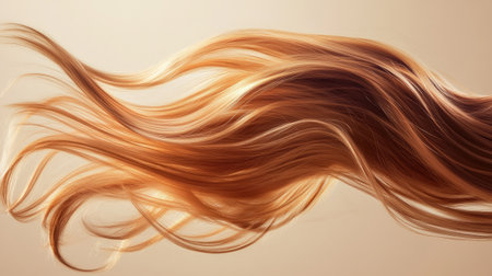 Glossy, vibrant locks of hair swirling in motion over a beige background, highlighting shine and health.の素材