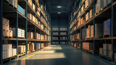 Interior of a logistics warehouse with clearly labeled shelves and stored inventory. Perfect for illustrating efficient stock organization and warehouse operations.の素材
